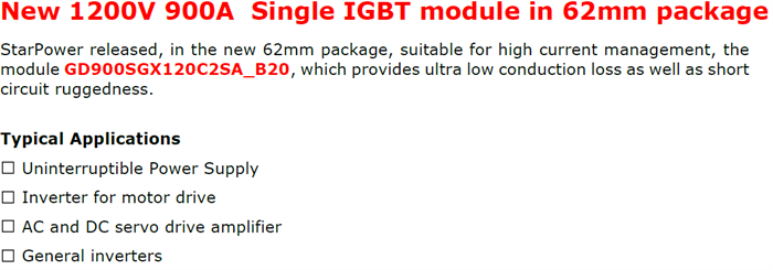 New 1200V 900A Single IGBT Module In 62Mm Package